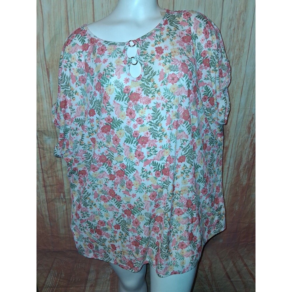 Cure Multicolor Floral Short Sleeve Pullover Blouse Sz 3XL